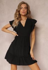 Czarna Taliowana Sukienka Mini Ozdobiona Falbankami Salleni. Czarne sukienki Renee, na co dzień, m, bez wzorów, z wiskozy, bez kołnierzyka, bez ramiączek, mini. Za 44.99 zł.