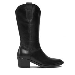 Kowbojki Tamaris. Czarne botki Tamaris, bez wzorów, bez obcasa, na słupku, bez zapięcia. Za 649.99 zł.