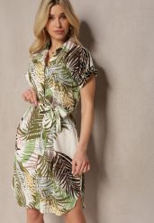 Zielono-Beżowa Sukienka z Bawełny z Krótkim Rękawem z Materiałowym Paskiem i Guzikami Pavilla. Zielone sukienki Renee, do pracy, l, bez wzorów, z bawełny, biznesowe, bez kołnierzyka, bez ramiączek, midi, kopertowe. Za 99.99 zł.