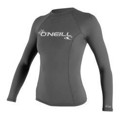 Koszulka do pływania damska O'Neill Basic Skins Rash Guard. Czarne bluzki O'Neill, bez wzorów, sportowe, bez kołnierzyka, bez ramiączek. Za 169.00 zł.