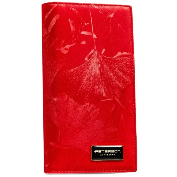 Duży, czerwony, pionowy portfel damski Peterson PTN PS1431-MLF. Czerwone portfele Peterson, z aplikacjami, ze skóry. Za 119.99 zł.