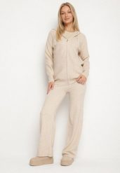 Beżowy Komplet Dzianinowy z Wełną Bluza z Kapturem i Szerokie Spodnie Otisela. Brązowe bluzy Born2be, l, bez wzorów, z dzianiny, z kapturem. Za 139.99 zł.