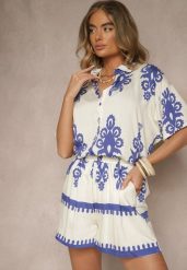 Niebieski Komplet z Rustykalnym Wzorem z Szortami i Koszulą Tosnea. Niebieskie koszule Renee, xl, bez wzorów, eleganckie, bez kołnierzyka, bez ramiączek. Za 89.99 zł.