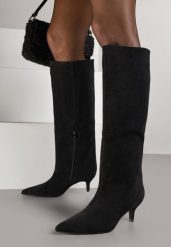 Czarne Kozaki na Kaczuszce z Elegancką Cholewką do Kolana Tesema. Czarne kozaki Renee, z jeansu, bez obcasa, na obcasie, bez zapięcia. Za 189.99 zł.