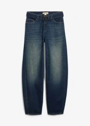Jeansy barrel ze średnim stanem z paskiem. Niebieskie jeansy bonprix, bez wzorów. Za 189.99 zł.