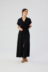 Czarna Długa Sukienka Rozpinana z Krótkim Rękawem. Czarne sukienki MOE, l, bez wzorów, z materiału, bez kołnierzyka, bez ramiączek, maxi. Za 382.90 zł.