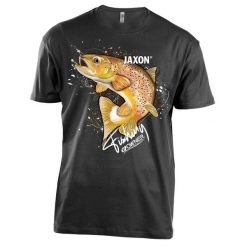 Koszulka wędkarska Jaxon Nature Pstrąg. Czarne bluzki JAXON, l, bez wzorów, sportowe, bez kołnierzyka, bez ramiączek. Za 69.99 zł.