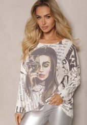 Biała Bluzka z Rysunkowym Printem Przeszyta Metaliczną Nicią Rielie. Białe bluzki Renee, s, z aplikacjami, z materiału, eleganckie, bez kołnierzyka, bez ramiączek. W wyprzedaży za 52.49 zł.