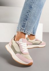 Różowe Sneakersy Ozdobione Geometrycznym Motywem Calgis. Czerwone obuwie sportowe Renee, z jeansu, bez zapięcia, trekkingowe. Za 89.99 zł.