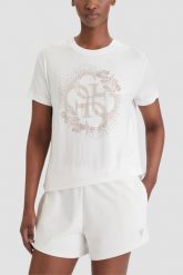GUESS Biały damski t-shirt na krótki rękaw z cyrkoniami Corinne, Rozmiar XS. Białe t-shirty Guess, xs, z aplikacjami, bez kołnierzyka, bez ramiączek. Za 239.99 zł.