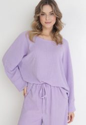 Fioletowa Bluzka z Szerokim Rękawem 7/8 Paulet. Fioletowe bluzki Born2be, bez wzorów, eleganckie, bez kołnierzyka, bez ramiączek. W wyprzedaży za 67.99 zł.