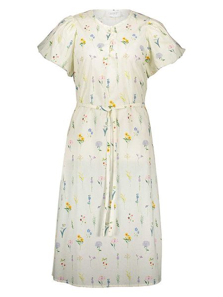 SisterS point Sukienka w kolorze kremowym ze wzorem rozmiar: XS. Brązowe sukienki Sisters Point, na co dzień, xs, bez wzorów, z bawełny, bez kołnierzyka, bez ramiączek, midi, proste. Za 48.05 zł.