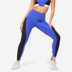 Legginsy fitness damskie Domyos. Niebieskie legginsy DOMYOS, l, bez wzorów, z elastanu. W wyprzedaży za 49.99 zł.