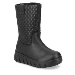 Botki Rieker. Czarne botki Rieker, bez wzorów, bez obcasa, na płaskiej podeszwie, bez zapięcia. Za 399.99 zł.
