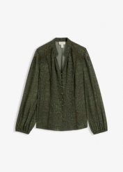 Bluzka z koronkowym zdobieniem. Zielone bluzki bonprix, z aplikacjami, z koronki, bez kołnierzyka, bez ramiączek. Za 129.99 zł.