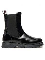 Tommy Hilfiger Botki T4A5-33586-1453999 Czarny. Czarne botki TOMMY HILFIGER, bez wzorów, z tworzywa sztucznego, bez obcasa, na płaskiej podeszwie, bez zapięcia. Za 519.99 zł.