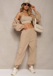 Beżowy Komplet Dresowy Spodnie Bojówki z Gumką w Pasie i Bluza na Suwak Zakończona Ściągaczem na Dole Tiazena. Brązowe bluzy Renee, l, bez wzorów, z dresówki, bez kaptura. Za 149.99 zł.