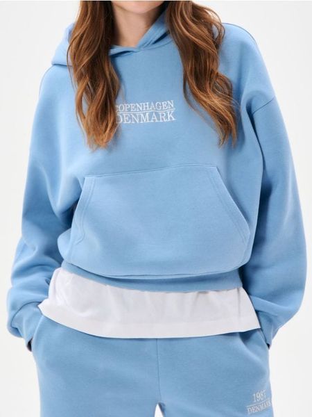 Bluza hoodie z haftowanym napisem - niebieski. Niebieskie bluzy Sinsay, l, bez wzorów, bez kaptura. Za 39.99 zł.