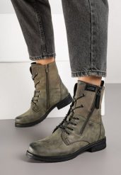 Zielone Botki Workery ze Sznurowaniem i Zapięciem na Suwak Vemida. Zielone botki Born2be, bez wzorów, z jeansu, bez obcasa, na płaskiej podeszwie, bez zapięcia. Za 149.99 zł.