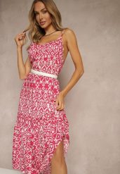 Różowa Bawełniana Sukienka w Geometryczny Wzór Koloniela. Czerwone sukienki Renee, na co dzień, l, bez wzorów, z bawełny, eleganckie, bez kołnierzyka, bez ramiączek, midi. Za 39.99 zł.
