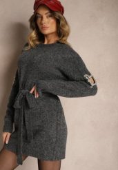 Ciemnoszara Sukienka Sweterkowa z Wełną Ozdobiona Cyrkoniami Paskiem i Wycięciami Zolida. Szare sukienki Renee, na co dzień, bez wzorów, z wełny, eleganckie, bez kołnierzyka, bez ramiączek, mini, dopasowane. Za 144.99 zł.