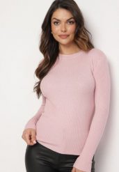 Jasnoróżowy Sweter Prążkowany z Cyrkoniami Romivra. Czerwone swetry Born2be, uniwersalny, bez wzorów, z jeansu, bez ramiączek. Za 44.99 zł.