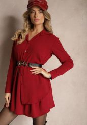 Bordowa Koszulowa Sukienka o Asymetrycznym Rozkloszowanym Kroju z Gumką w Talii Eloriana. Czerwone sukienki Renee, na co dzień, bez wzorów, eleganckie, z asymetrycznym kołnierzem, bez ramiączek, mini, asymetryczne. Za 69.99 zł.