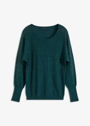 Cienki sweter z aplikacją ze sztrasów. Zielone swetry bonprix, z aplikacjami, bez ramiączek. Za 129.99 zł.