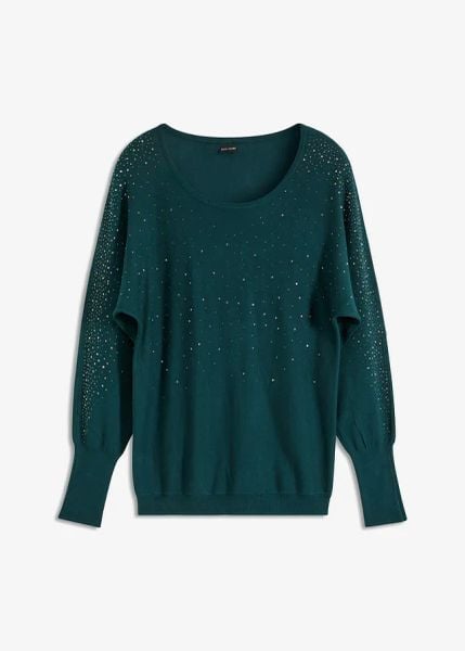 Cienki sweter z aplikacją ze sztrasów. Zielone swetry bonprix, z aplikacjami, bez ramiączek. Za 129.99 zł.