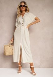Beżowa Sukienka z Bawełny z Górą o Koszulowym Kroju Ściągana w Pasie Viklia. Brązowe sukienki Renee, na co dzień, l, z aplikacjami, z bawełny, eleganckie, bez kołnierzyka, bez ramiączek, maxi, koszulowe. Za 89.99 zł.