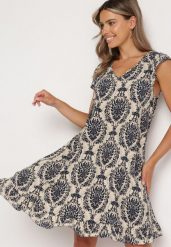 Granatowo-Beżowa Bawełniana Sukienka w Stylu Boho na Ramiączkach z Falbanką Zaelle. Niebieskie sukienki Born2be, na co dzień, l, bez wzorów, z bawełny, boho, bez kołnierzyka, bez ramiączek, midi. Za 39.99 zł.