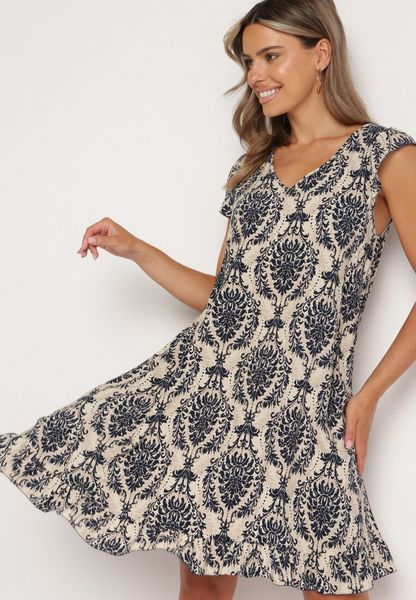 Granatowo-Beżowa Bawełniana Sukienka w Stylu Boho na Ramiączkach z Falbanką Zaelle. Niebieskie sukienki Born2be, na co dzień, na lato, l, bez wzorów, z bawełny, boho, bez kołnierzyka, bez ramiączek. Za 39.99 zł.