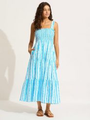 Seafolly Sukienka w kolorze turkusowym rozmiar: S. Niebieskie sukienki Seafolly, s, bez wzorów, z bawełny, bez kołnierzyka, bez ramiączek, maxi. Za 244.95 zł.