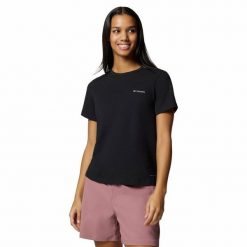 Koszulka damska Columbia Sun Trek Short Sleeve II Tee z krótkim rękawem. Czarne koszulki sportowe Columbia, bez wzorów, bez ramiączek. Za 94.99 zł.