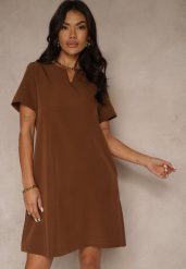 Brązowa Trapezowa Sukienka Mini z Krótkim Rękawem i Kieszeniami Vrea. Brązowe sukienki Renee, na spotkanie biznesowe, l, bez wzorów, eleganckie, bez kołnierzyka, bez ramiączek, mini, trapezowe. Za 74.99 zł.