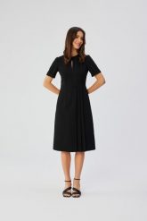 Czarna Midi Sukienka z Ozdobnymi Zakładkami. Czarne sukienki MOE, l, bez wzorów, z elastanu, bez kołnierzyka, bez ramiączek, midi, rozkloszowane. Za 326.90 zł.