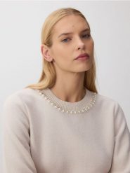 Bluza z ozdobnym dekoltem - beżowy. Brązowe bluzy Reserved, l, bez wzorów, z bawełny, bez kaptura. W wyprzedaży za 89.99 zł.