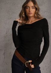 Czarna Marszczona Bluzka z Bawełną i Dekoltem w Łódkę Orinlia. Czarne bluzki Renee, l, bez wzorów, z bawełny, eleganckie, bez kołnierzyka, bez ramiączek. Za 99.99 zł.