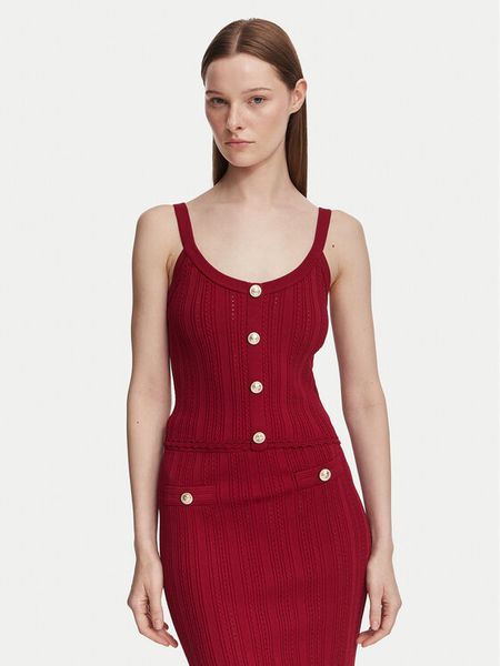 Guess Top W6YR25 Z0972 Bordowy Slim Fit. Czerwone topy Guess, xs, z aplikacjami, z wiskozy, bez kołnierzyka, bez ramiączek. Za 294.99 zł.
