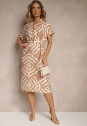 Beżowa Sukienka z Wiskozą Lnem i Geometrycznym Wzorem Sadelive. Brązowe sukienki Renee, na co dzień, na lato, l, bez wzorów, z wiskozy, eleganckie, bez kołnierzyka, bez ramiączek, midi. Za 59.99 zł.