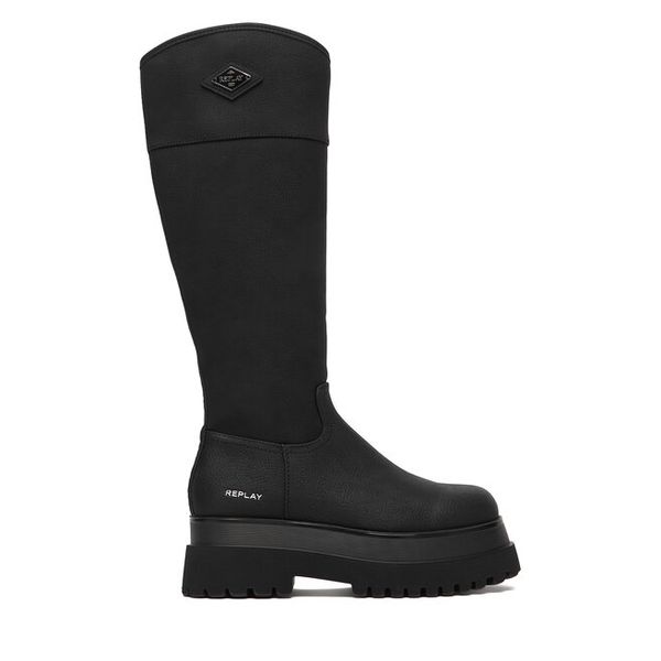 Kozaki REPLAY. Czarne kozaki Replay, bez obcasa, na płaskiej podeszwie, bez zapięcia. Za 709.99 zł.