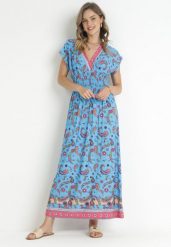 Niebieska Kopertowa Sukienka Maxi z Gumką w Pasie we Wzór Paisley Anitte. Niebieskie sukienki Born2be, na lato, l, bez wzorów, bez kołnierzyka, bez ramiączek, maxi, kopertowe. Za 44.99 zł.