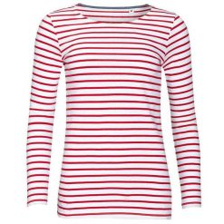 Damska Koszulka Z Długim Rękawem W Morskie Paski. Białe bluzki SOL'S, s, bez wzorów, sportowe, bez kołnierzyka, bez ramiączek. Za 106.99 zł.