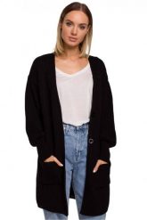 Długi kardigan sweter z kieszeniami i bufiastymi rękawami czarny. Czarne kardigany Polskie swetry, l, bez wzorów. Za 269.00 zł.