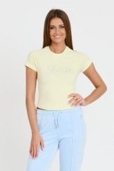 JUICY COUTURE Cytrynowy damski t-shirt Retroshrunken Tee, Rozmiar S. Żółte t-shirty Juicy Couture, s, bez wzorów, bez kołnierzyka, bez ramiączek. W wyprzedaży za 119.99 zł.