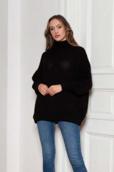 Oversizowy Sweter z Luźnym Golfem - Czarny. Czarne golfy Lanti, uniwersalny, bez wzorów, z materiału, bez ramiączek. Za 249.90 zł.
