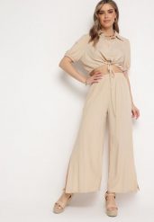 Jasnobeżowy Bawełniany Komplet z Krótką Koszulą i Szerokimi Spodniami z Rozcięciami Denara. Brązowe koszule Born2be, xl, bez wzorów, z bawełny, eleganckie, bez kołnierzyka, bez ramiączek. Za 79.99 zł.