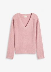 Sweter oversize z dekoltem w serek. Czerwone swetry bonprix, bez wzorów, bez ramiączek. Za 112.99 zł.