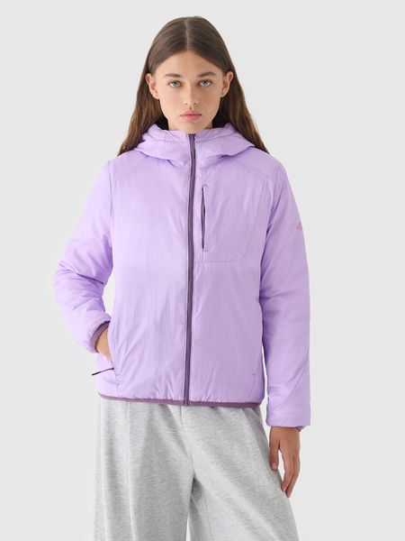 4F Kurtka puchowa dwustronna z wypełnieniem PrimaLoft damska - fioletowa S. Fioletowe kurtki sportowe 4f, na zimę, s, bez wzorów, z dzianiny, z kapturem, primaloft. W wyprzedaży za 199.99 zł.