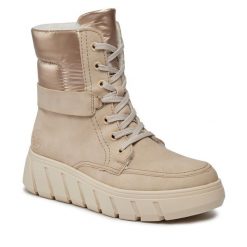 Botki Rieker. Brązowe botki Rieker, bez wzorów, bez obcasa, na płaskiej podeszwie, bez zapięcia. Za 389.99 zł.